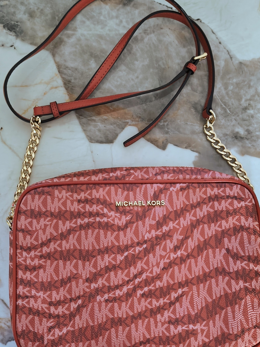 Michael Kors Pink and Red Signature Logo Crossbody with Gold Chain